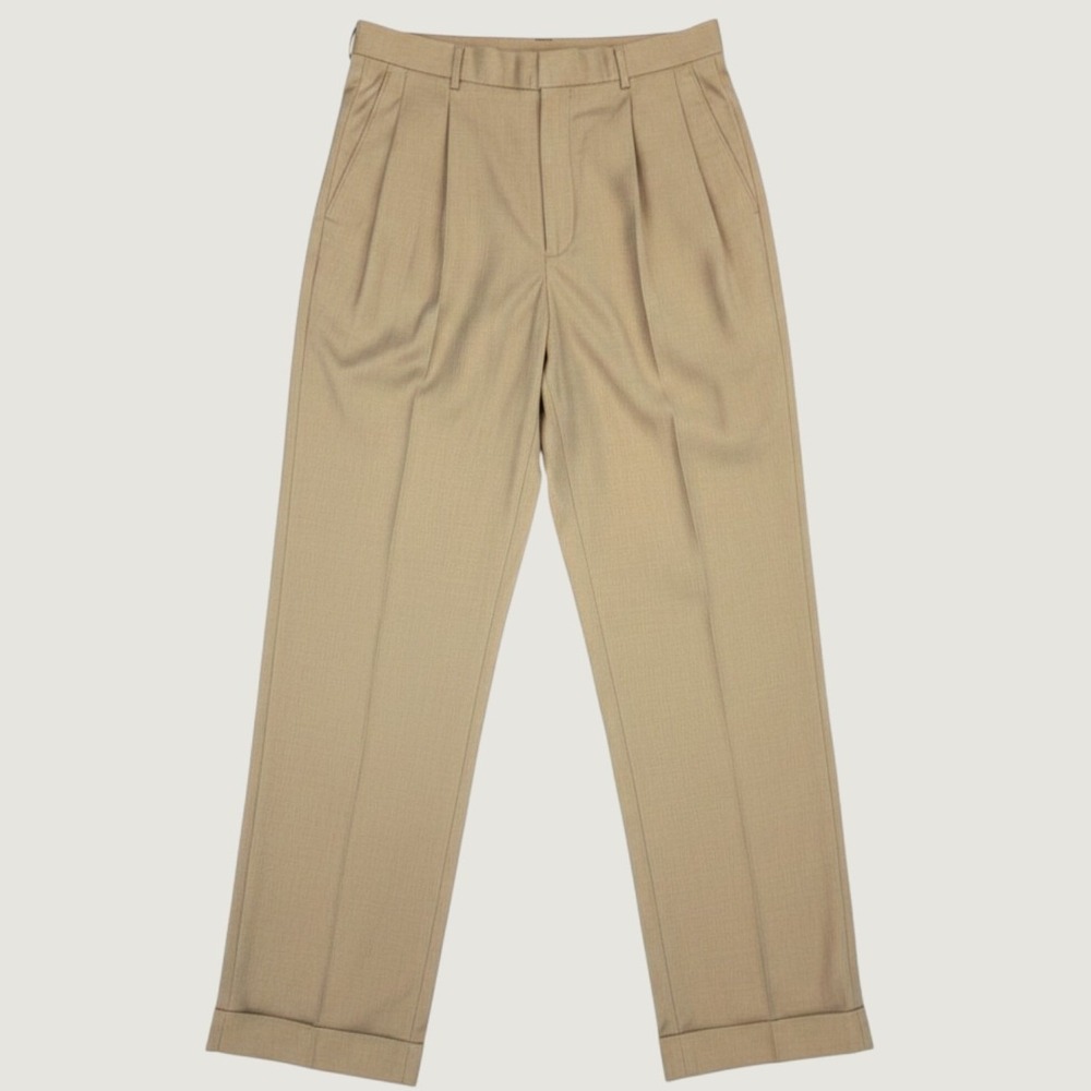 Stafford Mens Micro-Stria Pleated Dress Pants Tan 32x32 Wrinkle Resistant Cuffed